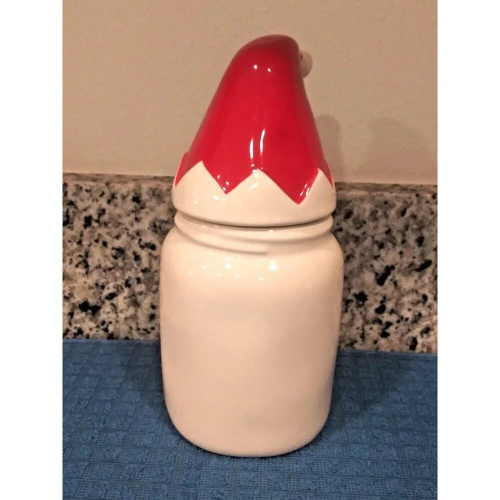 Rae Dunn JINGLE BELLS CANISTER Cookie Jar Santa Elf Hat Holiday Christmas EUC 9